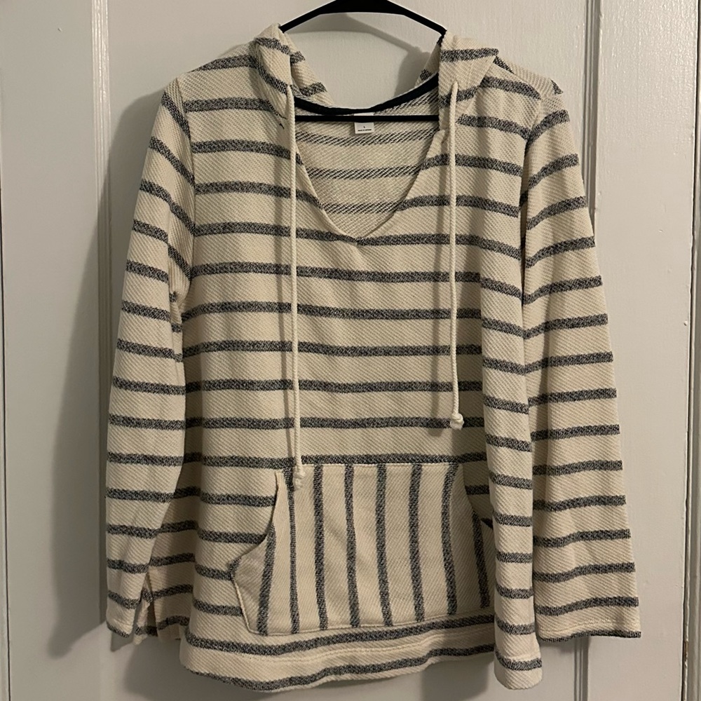 Old Navy Size L White and Blue Stripped Open Neck Hoodie